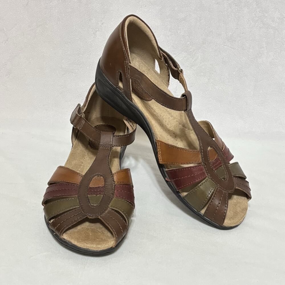 Earth Origins Sandals Womens 9M Brown Leather Hook and Loop Comfort Shoes
